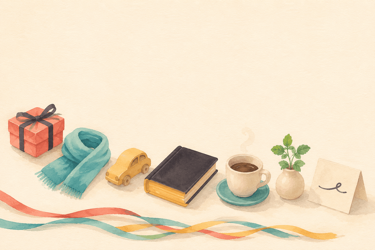 A loose half-circle of seven everyday objects painted on cream paper: a coral-bowed gift box, a teal scarf folded into a coil, a yellow toy car, a hardcover book with a honey spine, a coffee mug on a teal saucer, a sprig of fresh mint in a small vase, and a folded note card with a single pen squiggle. Three slim ribbons in coral, teal, and honey drift across the bottom of the sheet.