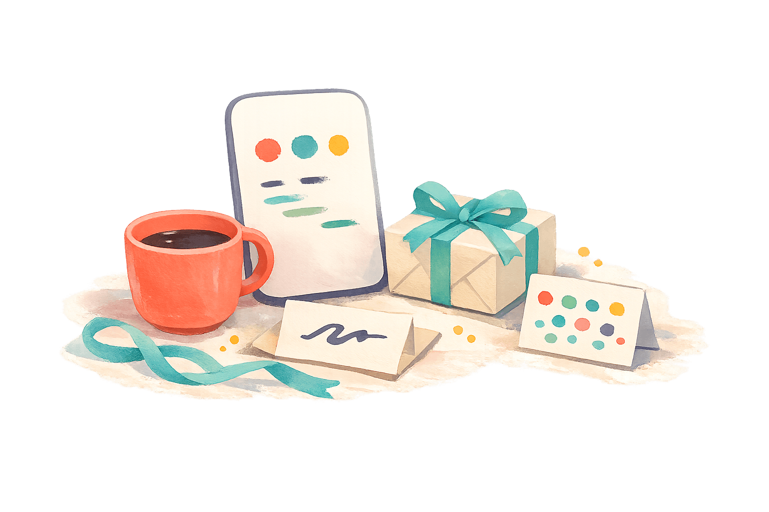 A quiet morning scene painted in watercolor: a coral coffee mug, a phone propped behind it showing a small wishlist, a wrapped gift with a teal ribbon, a folded note with a hand-drawn squiggle, and a card sprinkled with the brand’s accent dots.