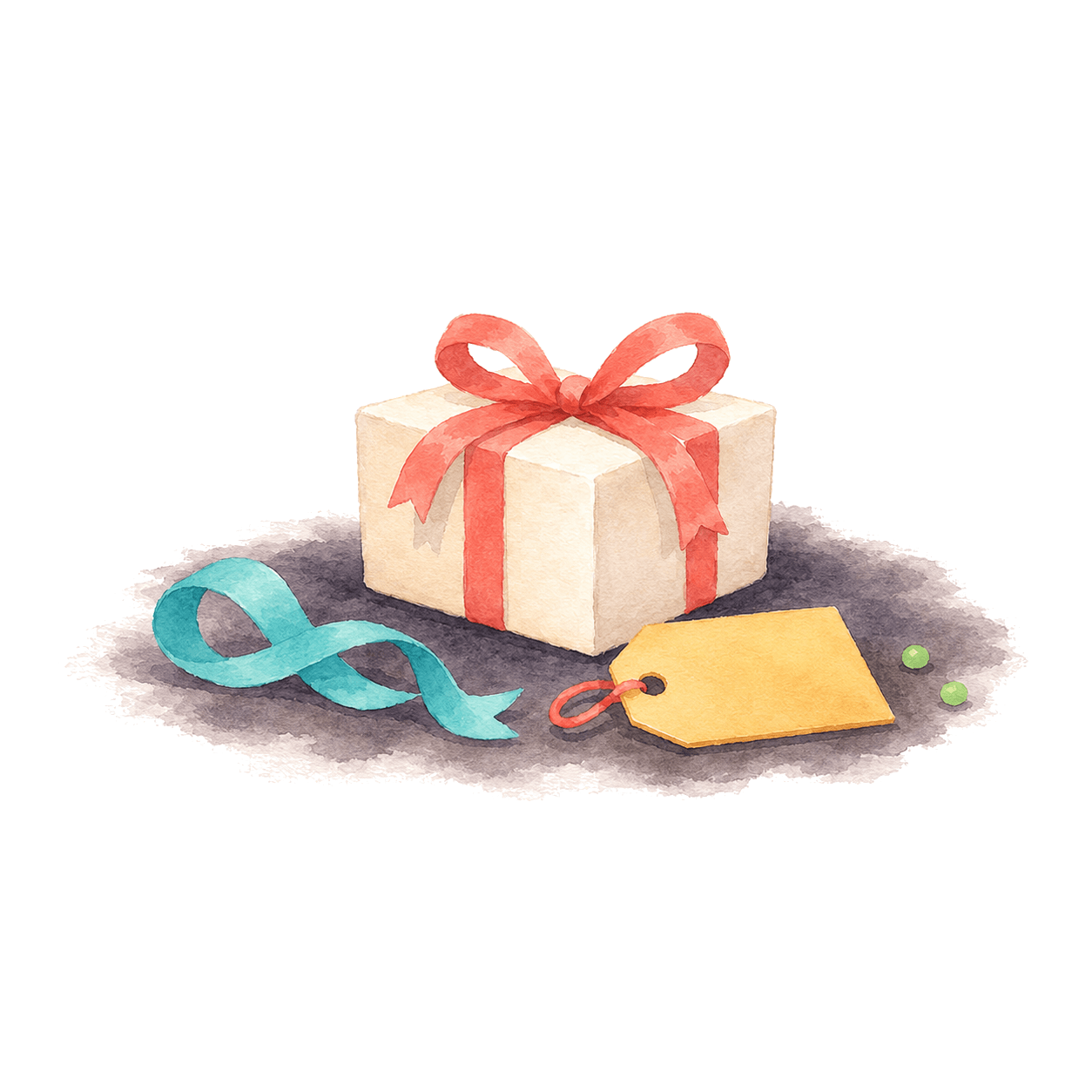 A single watercolor gift box with a coral bow, a teal ribbon trailing across the surface, and a yellow gift tag tied with twine. Soft cast shadow underneath.