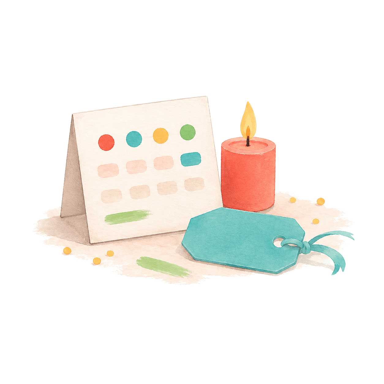 A watercolor still life: a small calendar card propped open with colored dots marking dates, a coral candle, and a teal gift tag tied with ribbon. Honey-yellow sprinkles drift across the surface.