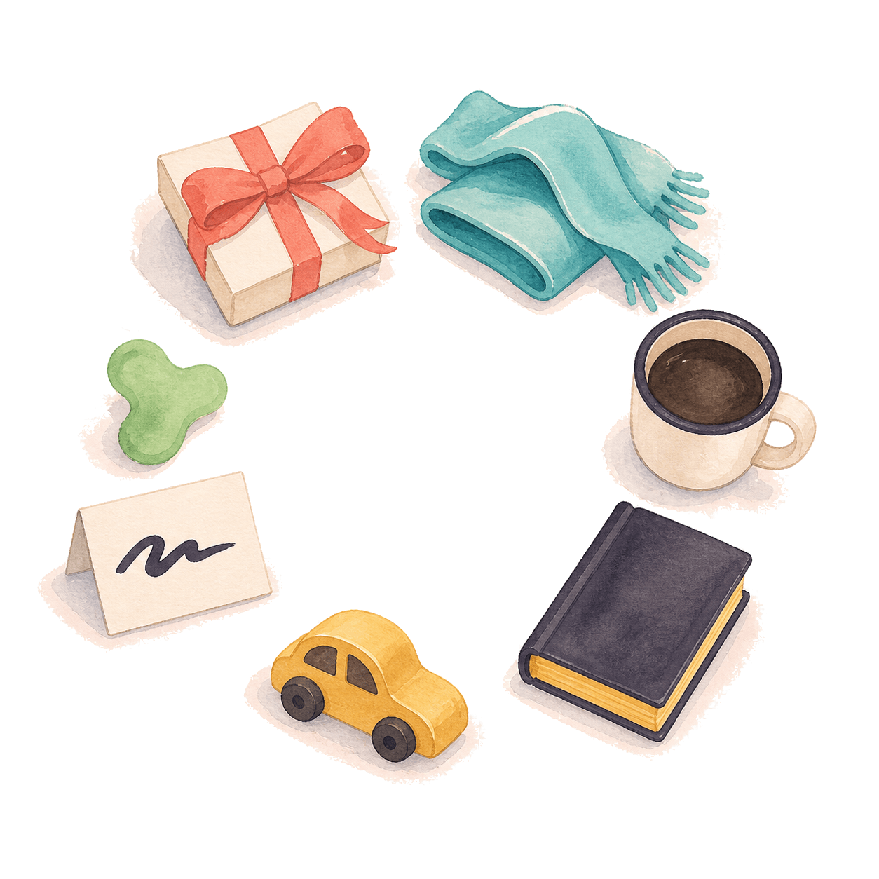A loose ring of personal objects painted in watercolor: a coral-bowed gift box, a teal scarf, a yellow toy car, a hardcover book, a coffee mug, a small green wishbone shape, and a folded note card with a handwritten squiggle.