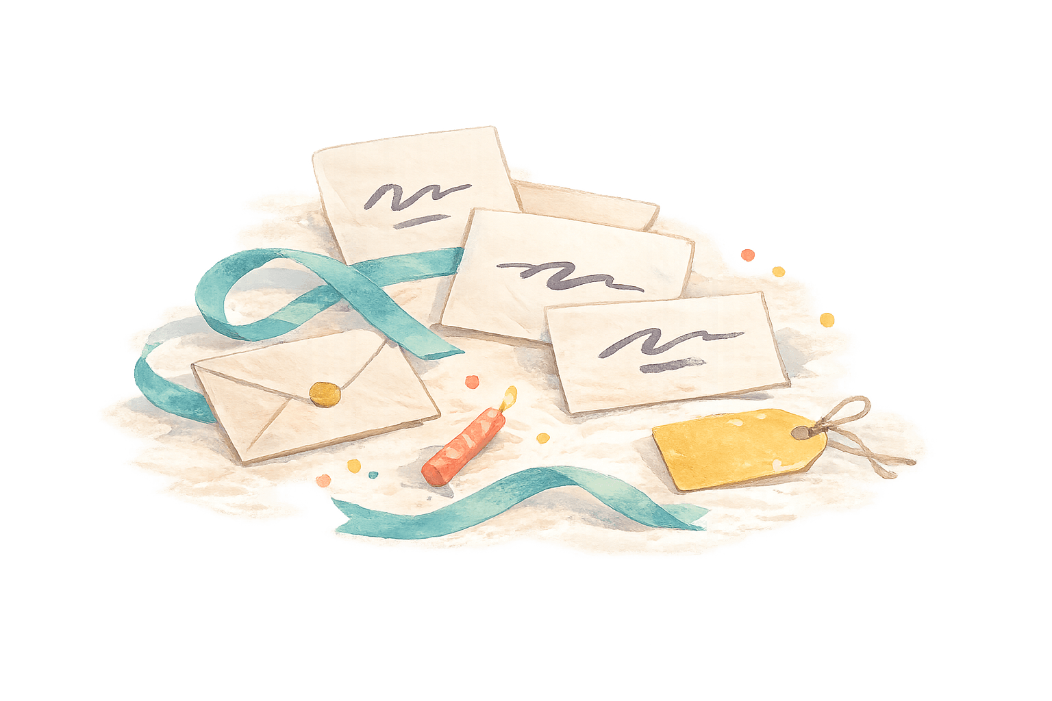 A watercolor scene of scattered planning: three handwritten note cards with squiggle marks, a teal ribbon coiled across the surface, a single small candle, a yellow gift tag tied with twine, and a thin envelope with a wax seal.